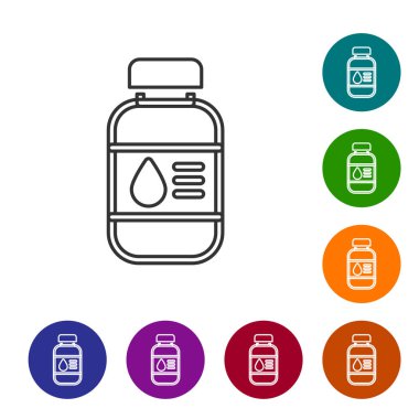 Siyah çizgi yazıcı mürekkep şişesi simgesi beyaz arkaplanda izole edilmiş. Simgeleri renk daire düğmelerine ayarla. Vektör
