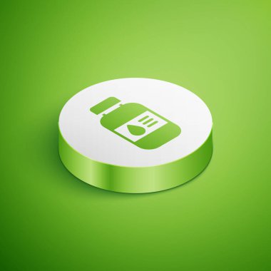 Isometric Yazıcı mürekkep şişesi simgesi yeşil arka planda izole edildi. Beyaz daire düğmesi. Vektör