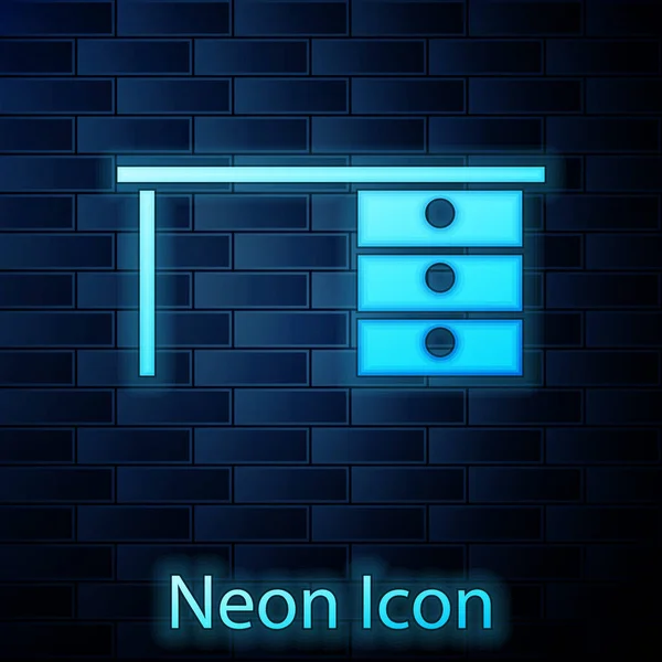 Glödande neon Office skrivbord ikon isolerad på tegel vägg bakgrund. Vektor — Stock vektor