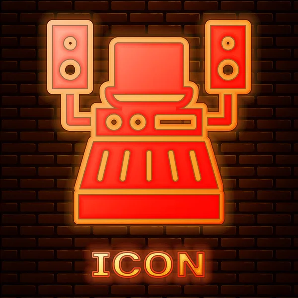 Brilhante neon Música som gravação estúdio sala de controle com ícone de equipamento profissional isolado no fundo da parede de tijolo. Vetor — Vetor de Stock