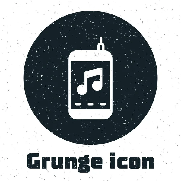 Ícone Grunge Music player isolado no fundo branco. Dispositivo de música portátil. Desenho vintage monocromático. Vetor — Vetor de Stock