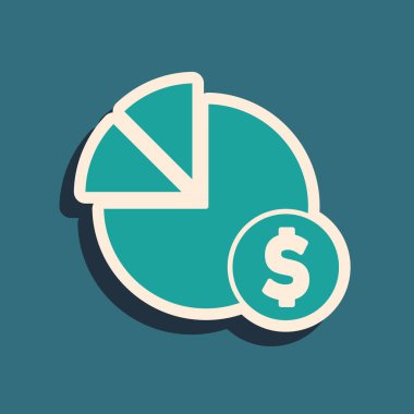 Yeşil turta grafikleri ve dolar sembolü yeşil arka planda izole edildi. Diyagram çizelgesi. Uzun gölge tarzı. Vektör