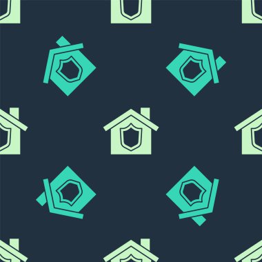 Yeşil ve bej renkli ve kalkanların simgesi mavi arka planda izole edilmiş. Sigorta konsepti. Güvenlik, güvenlik, koruma, konsept koruma. Vektör