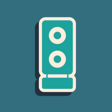 Yeşil Stereo hoparlör ikonu yeşil arkaplanda izole edildi. Ses sistemi hoparlörleri. Müzik ikonu. Müzikal sütun hoparlörü. Uzun gölge tarzı. Vektör