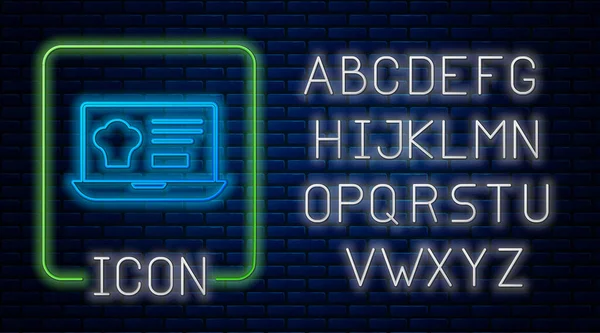 Brilhante neon Encomenda on-line e ícone de entrega de fast food isolado no fundo da parede de tijolo. Alfabeto claro de néon. Vetor — Vetor de Stock