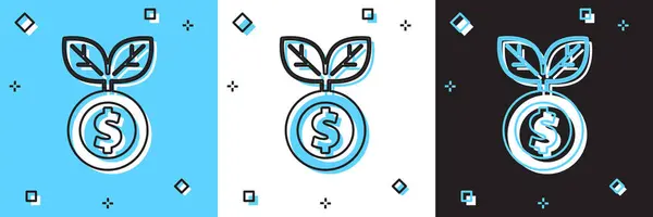 Establezca el icono de la planta Dollar aislado sobre fondo azul y blanco, negro. Concepto de crecimiento de inversión empresarial. Ahorro de dinero e inversión. Vector — Archivo Imágenes Vectoriales