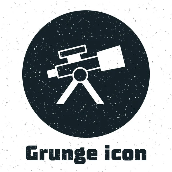 Grunge Teleskop ikona izolované na bílém pozadí. Vědecký nástroj. Vzdělávací a astronomický prvek, dalekohled a studijní hvězdy. Černobílý vinobraní. Vektor — Stockový vektor
