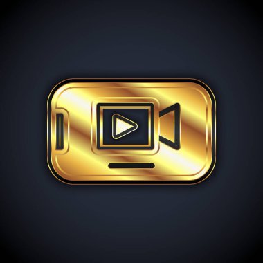 Gold Online video oynatma simgesi siyah arkaplanda izole edildi. Akıllı telefon ve üzerinde oyun işareti olan film şeridi. Vektör