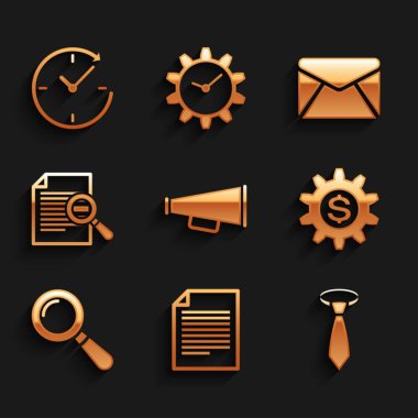 Megafon, Belge, Kravat, Dolar sembollü Gear büyüteç ve arama ikonu ayarla. Vektör