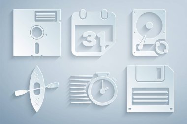 Stopwatch, sabit disk senkronizasyonu, kano ve kürek, Disket, takvim ve 5.25 inçlik simgeyi ayarla. Vektör