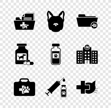 Tıbbi kayıt klasörünü, Dog 'u, Pet ilk yardım çantasını, şırıngayı ve veteriner kliniği ikonunu hazırla. Vektör