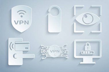 VPN 'i mikroçip devresi, göz taraması, dijital kapı kilidi kablosuz, monitör şifresi, lütfen rahatsız etmeyin ve simgeyi koruyun. Vektör