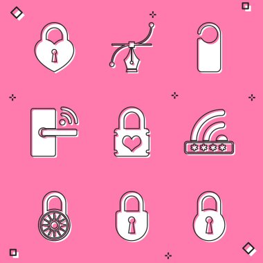 Kaleyi kalp şeklinde ayarlayın, Bezier eğrisi, lütfen rahatsız etmeyin, dijital kapı kilidi ile kablosuz, asma kilit ve Wifi ikonu. Vektör