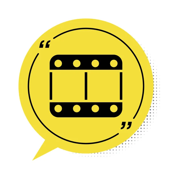 Black Play ícone de vídeo isolado no fundo branco. Sinal de tira de filme. Símbolo de bolha de fala amarelo. Vetor — Vetor de Stock