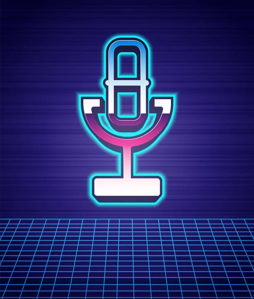 Retro style Microphone icon isolated futuristic landscape background. On air radio mic microphone. Speaker sign. 80s fashion party. Vector — Stock Vector