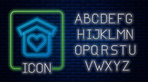 Abrigo de néon brilhante para ícone sem-teto isolado no fundo da parede de tijolo. Moradia de emergência, residência temporária para pessoas, vagabundos e mendigos sem casa. Alfabeto claro de néon. Vetor — Vetor de Stock