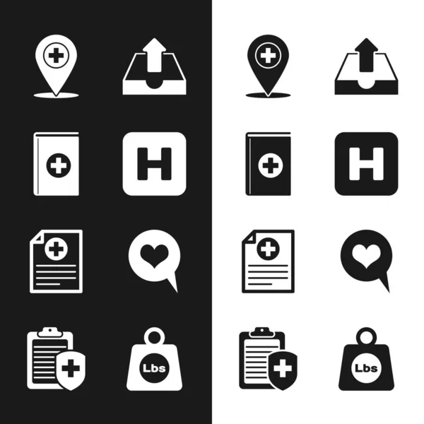 Set Hospital, Medical book, location with cross, Upload inbox, Clinical record and Heart speech bubble icon. Vector — Stock Vector