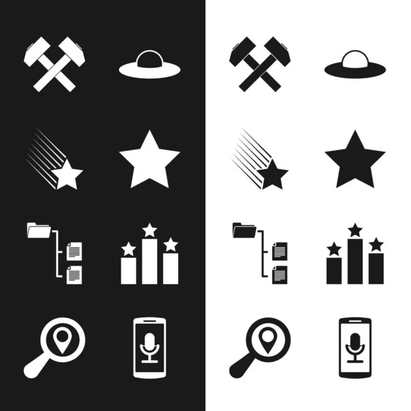 Set Star, Falling star, Two crossed hammer, UFO flying spaceship, Folder tree and Ranking icon. Вектор — стоковый вектор