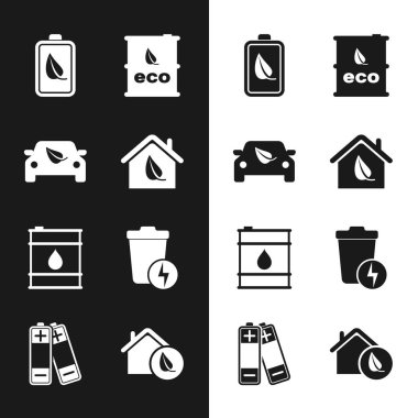 Çevre dostu ev, yaprak, akü, biyo yakıt varili, yağ, çöp tenekesi ve batarya ikonlu araba sürücüsü. Vektör