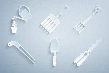 Bahçe küreği, kürek, yaba, testere, bahçe el yapımı makas ve su kutusu ikonu. Vektör