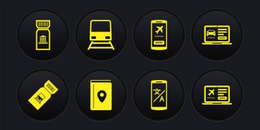 Tren bileti, çevrimiçi araba paylaşımı, kapak kitabı seyahat rehberi, çevirmen, cep telefonu, dizüstü bilgisayar ve müze simgesi. Vektör