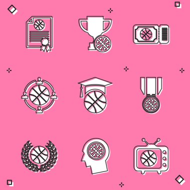Set Sertifikası basketbol ödülü, ödül kupası, basketbol bileti, planlama stratejisi, eğitim, madalya ve ikon üzerine düşünceler. Vektör