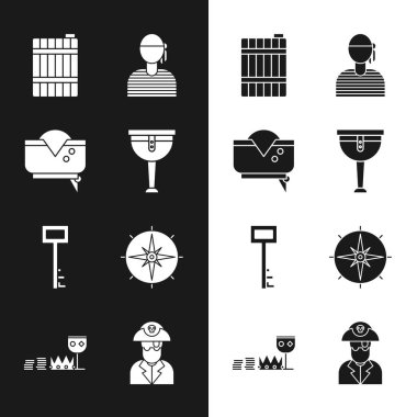 Tahta korsan bacağı, korsan şapkası, fıçı, denizci kaptanı, anahtar, rüzgar gülü ve hazine ve zenginlik simgesi. Vektör