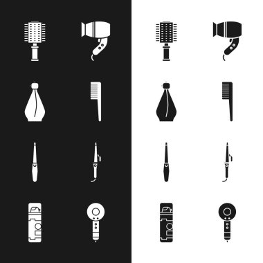 Saç fırçası, parfüm, kurutucu, tırnak törpüsü, saç maşası ve tıraş köpüğü ikonu. Vektör