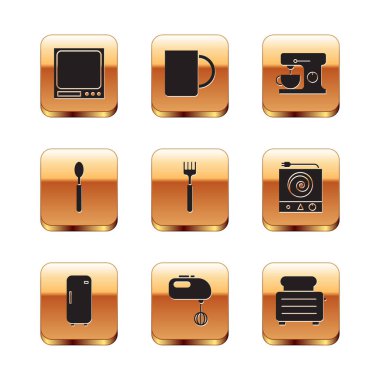 Elektronik teraziler, buzdolabı, elektrikli karıştırıcı, çatal, kaşık, tost makinesi ve kahve fincanı ikonu hazırla. Vektör