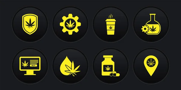 Set Compra online marihuana, Tubo de ensayo con, Aceite de hoja de marihuana o cannabis, Botella médica, Taza de café, Ubicación y Escudo icono. Vector — Archivo Imágenes Vectoriales