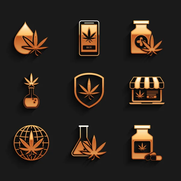 Set kalkanı ve marihuana, test tüpü, tıbbi şişe, online satın alma, yasallaştırma, ve esrar veya kenevir yaprağı ikonu. Vektör — Stok Vektör