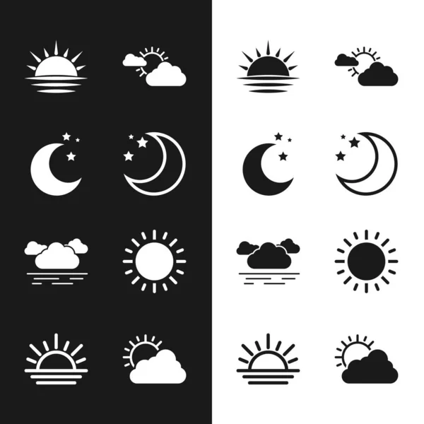 Definir lua e estrelas, pôr do sol, clima em nuvem, nuvem, e ícone. Vetor — Vetor de Stock
