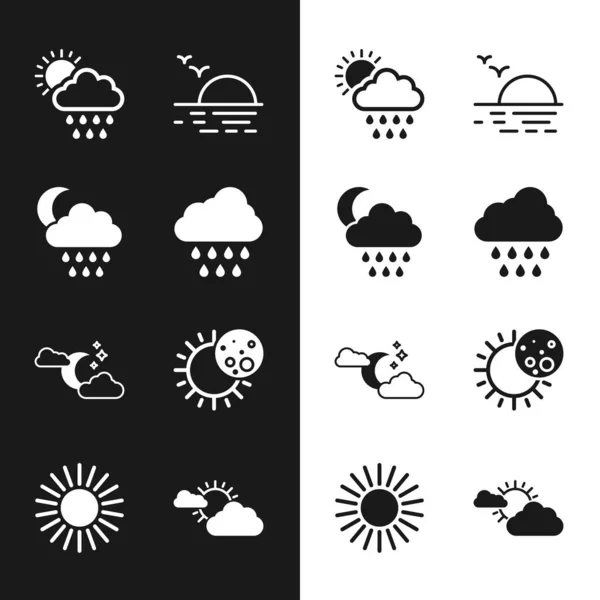 Stel Wolk met regen, en maan, zon, Zonsondergang, sterren, Verduistering van de, wolk weer en pictogram. Vector — Stockvector
