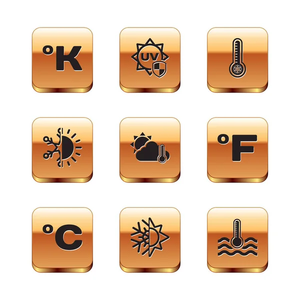 Set Kelvin, Celsius, Sole e fiocco di neve, Nube termometrica, Sole, Termometro meteorologico, Acqua e icona di protezione UV. Vettore — Vettoriale Stock
