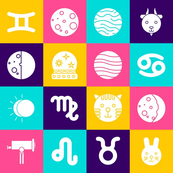 Stel Konijn dierenriem, Eclips van de zon, Kreeft, Planeet Venus, Magische bal, Tweelingen en Jupiter pictogram. Vector — Stockvector