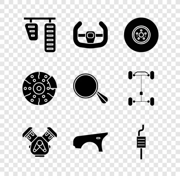 Set Bil gas och bromspedaler, Sport ratt, skiva, motor, fender, ljuddämpare, med kaliper och spegel ikon. Vektor — Stock vektor