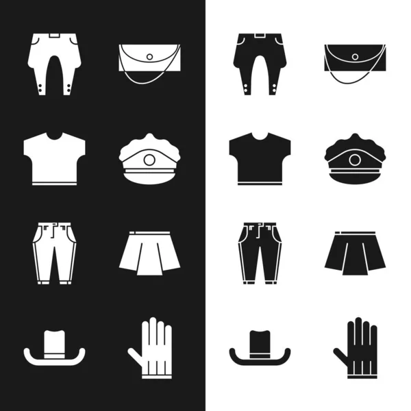 Set Gorra de policía con escarapela, camiseta, pantalón, bolso de embrague, falda, guante de cuero e icono del sombrero de hombre. Vector — Vector de stock