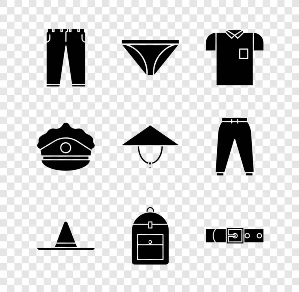 Set Pantalones, Calzoncillos hombre, Polo, Gorro de jardinero, Mochila, Cinturón de cuero, Gorra de policía con escarapela e icono cónico asiático. Vector — Archivo Imágenes Vectoriales