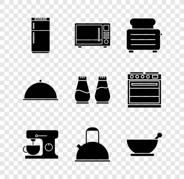 Set Frigorífico, Horno microondas, Tostadora con tostadas, Mezclador eléctrico, Tetera, Máscara de mortero, Bandeja cubierta e Icono de pimienta salada. Vector — Archivo Imágenes Vectoriales