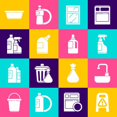 Yerleri ıslatın ve temizlik devam ediyor, lavaboyu su musluğuyla yıkayın, deterjan sıkın, pencereleri temizleyin, şişe açacağı, plastik ve kumaş yumuşatıcı ikonu. Vektör