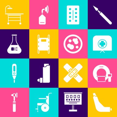 Astım spreyi, tomografi, haçlı hemşire şapkası, su toplamalı haplar, sedye, tüp ve matara, ameliyat masası ve Petri kabı bakteri ikonu. Vektör