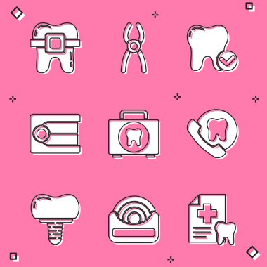 Diş teli, diş ipi, diş beyazlatma konsepti, takma dişler, ilk yardım kiti, çevrimiçi diş bakımı, implant ve diş ipi ikonu. Vektör