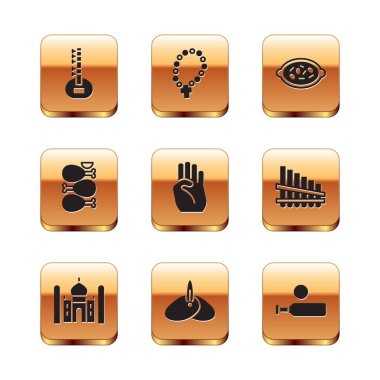 Set Sitar, Taj Mahal, Hint başlıklı türban, sembol eli, Tandoori tavuğu, kheer in bowl, Wood kriket sopası topu ve tespih dini ikonu. Vektör