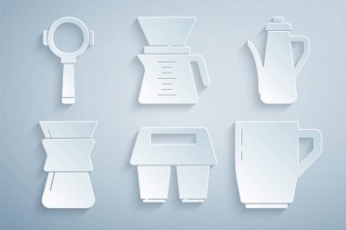 Kahve fincanını hazır et, Çaydanlık, kahve makinesinin üzerine dök ve filtre tutacağı simgesi koy. Vektör