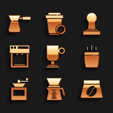 İrlanda kahvesi, kahve makinası, kahve çekirdeği, kahve fincanı, öğütücü, makine, kurcalayıcı ve Türk ikonu. Vektör