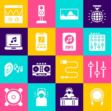 Ses krikosunu, Müzik Dengeleyicisini, Ses Karıştırıcı denetleyicisini, Dalga, Oynatıcı, Müzik notalı Laptop, Oscilloscope ve MP3 dosya simgesini ayarla. Vektör
