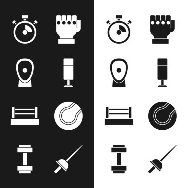 Kum torbası, boks antrenman patileri, Kronometre, MMA eldiveni, yüzük, tenis topu, eskrim ve Dumbbell ikonu. Vektör