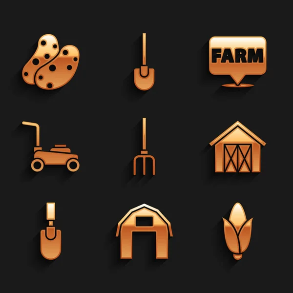 Set Jardín pitchfork, casa de campo, maíz, pala pala, cortacésped, granja de ubicación y el icono de la patata. Vector — Vector de stock