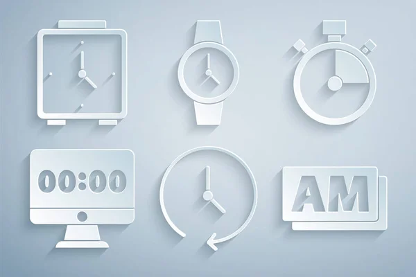 Establecer reloj, cronómetro, en el monitor, AM, Muñeca y el icono del reloj de alarma. Vector — Archivo Imágenes Vectoriales