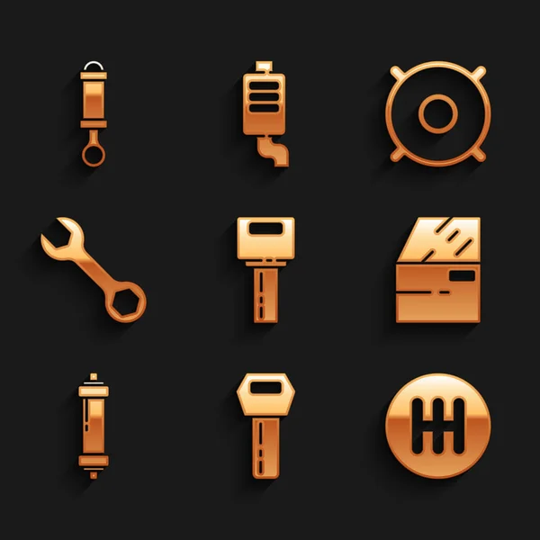 Sett bilnøkkel med fjernkontroll, girskifter, dør, støtdemper, skiftenøkkel, høyttaler og ikon. Vektor – stockvektor